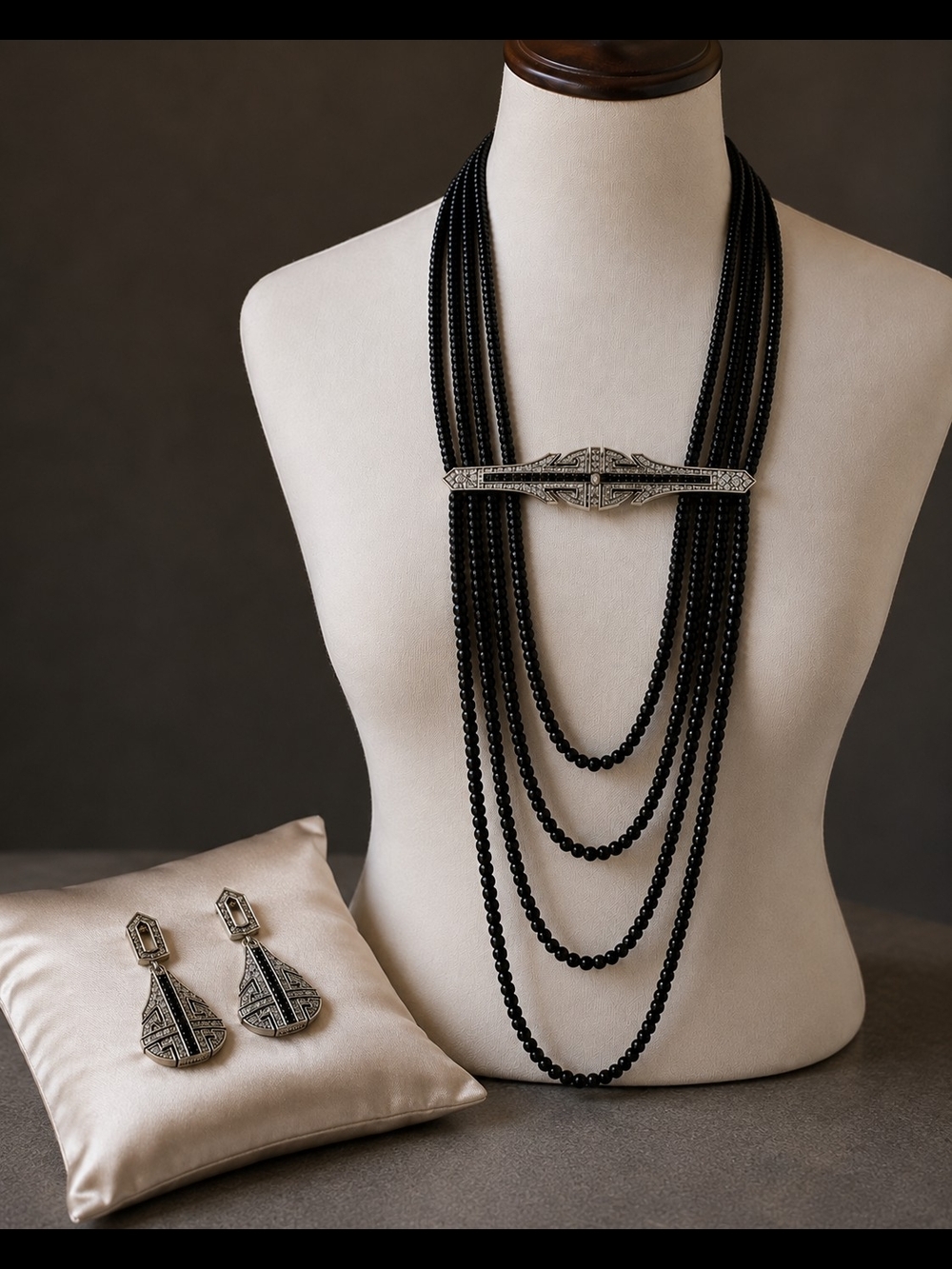 Heidi Daus NIB Black Multi-Strand Beaded Necklace with Pendant & Earrings Set - Picture 2 of 6